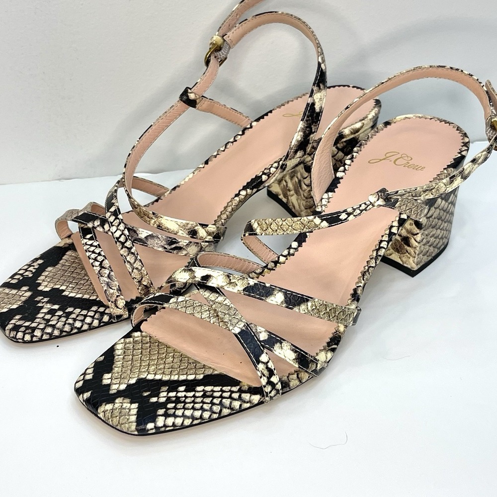 J. Crew Women's Heels Strappy Sandal Snakeskin Ivory Black Block Heel 8.5 #AN891